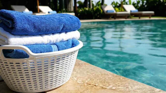 Wicker basket with folded blue and white towels beside swimming pool. Poolside setting highlights fresh linens, summer leisure and travel imagery for resort promotion, travel marketing, social concept