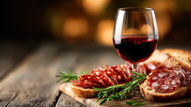 A sumptuous display of rich red wine in a glass alongside slices of savory salami on crusty bread, evoking a sense of indulgence and culinary delight for connoisseurs.