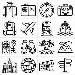 Fototapeta premium Travel vacation adventure line icons set collection vector illustration linear outline symbol graphic elements