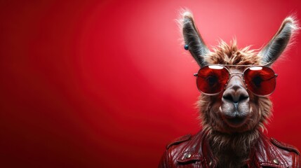 Obraz premium A fashionable and quirky llama wearing sunglasses and a red leather jacket against a vibrant red background, showcasing a playful and contemporary style.