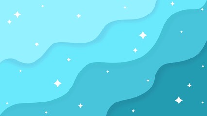 Fototapeta premium Cyan Turquoise Paper Cut Abstract Wavy Background. Layered Aquamarine Waves with White Sparkling Stars. Aesthetic Teal Wave Papercraft Vector Background