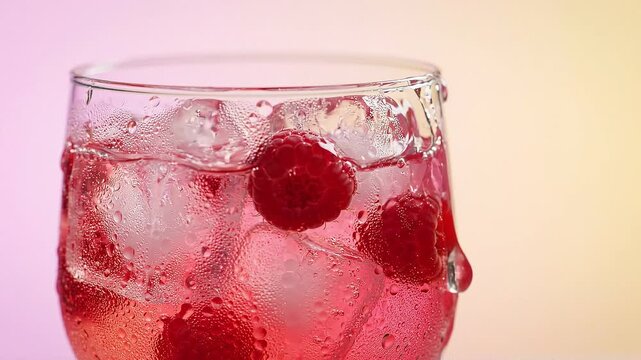 Refreshing beverage with raspberries and ice cubes as liquid is poured into a glass, showcasing bubbles and condensation against a soft gradient background