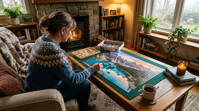 Woman Completing Jigsaw Puzzle in Cozy Living Room by Fireplace