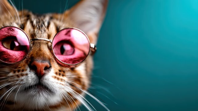 The close-up image features a stylish cat donning trendy pink sunglasses, exuding charm, personality, and a playful spirit that captures attention and delights viewers.