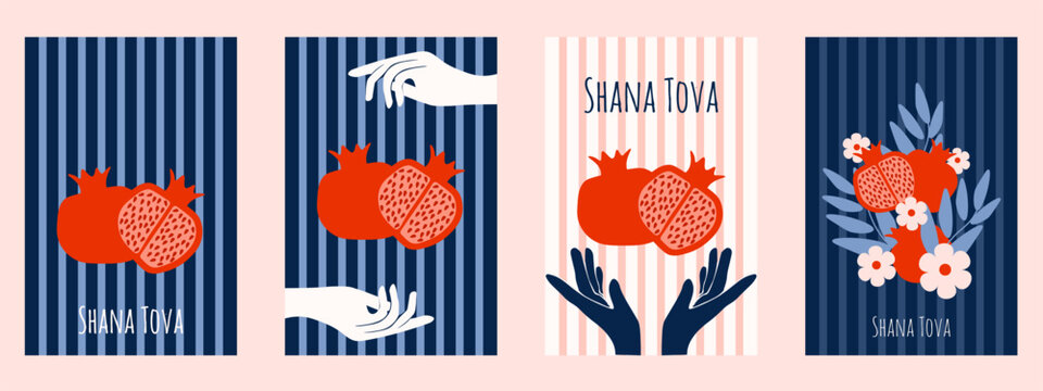 Modern Rosh Hashana. Happy Shana Tova greeting card set. Vector Shana Tova holiday Poster collection with flat pomegranate and holiday message. EPS 10