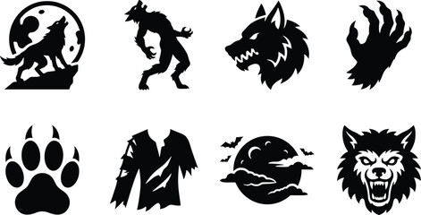 Fototapeta premium Halloween werewolf wolfman monster icon set. wolf howling at full moon, standing werewolf silhouette, snarl wolf head profile, monster claw hand, wolf paw print with sharp claws, torn tattered clothes