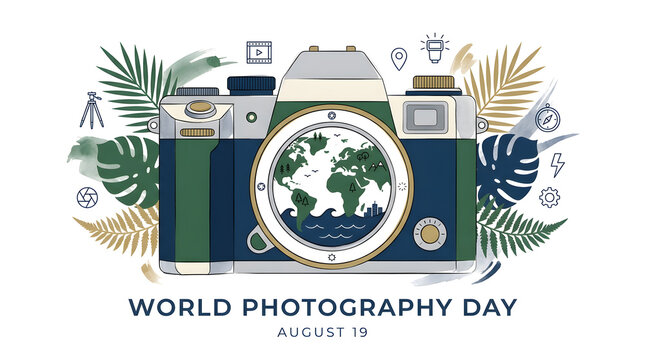 Modern world photography day graphic camera illustration with globe motif photography tropical