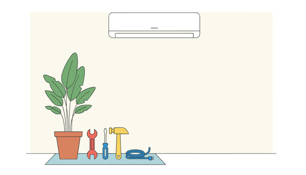 Air conditioner maintenance concept showing tools including screwdriver, wrench, and hammer on floor below AC unit on white wall.