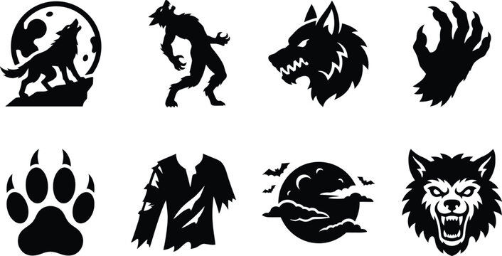 Halloween werewolf wolfman monster icon set. wolf howling at full moon, standing werewolf silhouette, snarl wolf head profile, monster claw hand, wolf paw print with sharp claws, torn tattered clothes