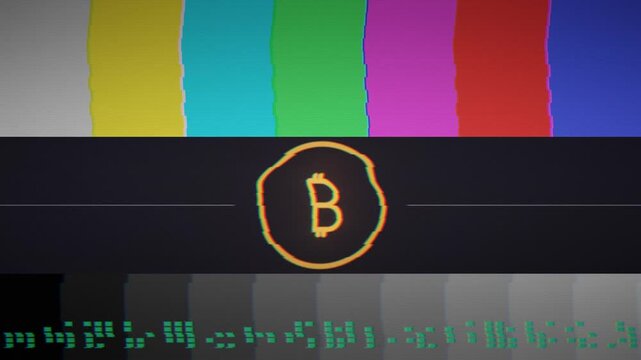 Glitch effect with cryptocurrency symbol on colorful background