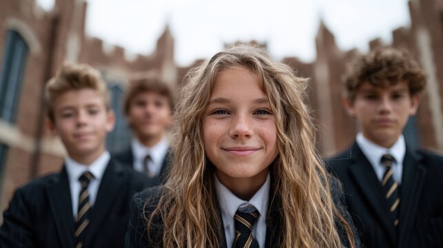 A friendly group of young students, dressed in formal attire, posing confidently against a historical building background, representing camaraderie and academic spirit.