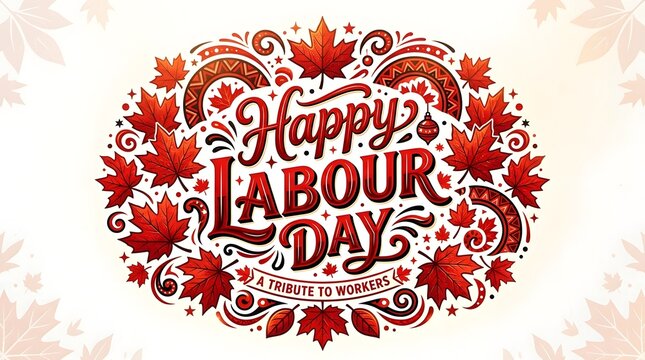 Happy Labour Day greeting card design. Decorative autumn leaves frame with festive text.