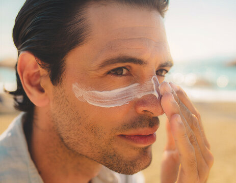 Man applying white sunscreen lotion across nose and cheeks at sunny beach in warm golden light