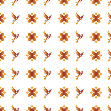 Batik-inspired seamless pattern with phoenix bird and floral motifs in warm orange-red gradient. Traditional Indonesian textile design vector illustration.