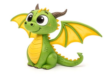 Fototapeta premium Cute cartoon baby dragon with big eyes and yellow wings sitting happily