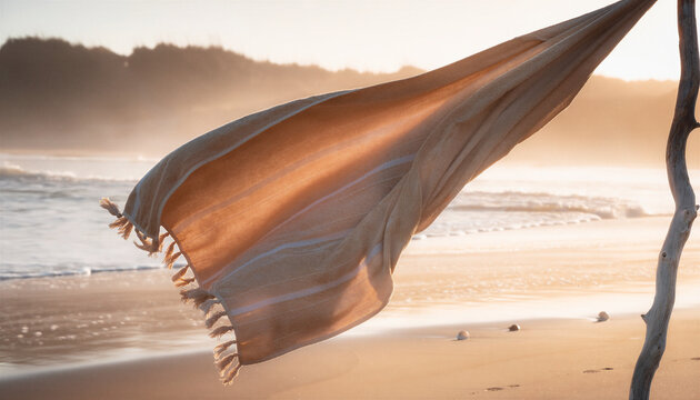Turkish Cotton Towel Blowing in Wind on Misty Sunrise Beach with Driftwood and Ocean Waves