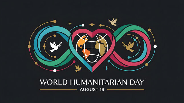 World humanitarian day august 19 concept with globe heart infinity sign and peace doves illustration