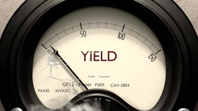 Yield meter showing low levels of yield. Minimum and decreasing yield value, below the norm. Lack of yield. None of it, insufficient.