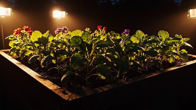 Growing plants in illuminated garden bed at night, showcasing seedlings transitioning to blooming flowers under bright lights in a dark outdoor setting