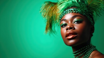 Fototapeta premium A stunning model showcases her bold look adorned with vibrant green accessories and dramatic feathered headpiece, capturing attention with her striking beauty and confidence.