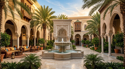 Naklejka premium Luxury Moroccan courtyard with fountain and palm trees at sunset, Riad architecture