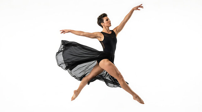 Female dancer in black leotard and flowing skirt leaps gracefully against white background woman jump