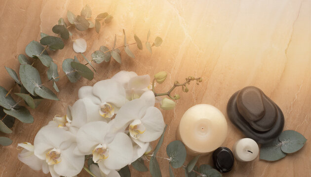 Luxury Spa Flatlay White Orchids Eucalyptus Candles Basalt Stones Warm Marble Surface