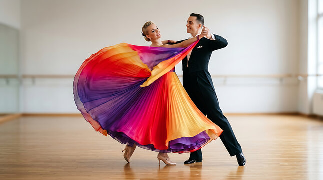 Couple in colorful flowing dress performing ballroom dance turn dancing studio desig