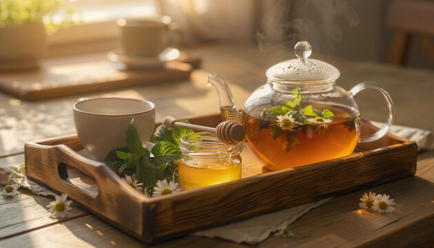 Steaming Glass Teapot with Chamomile and Mint on Rustic Wooden Tray Warm Golden Morning Light