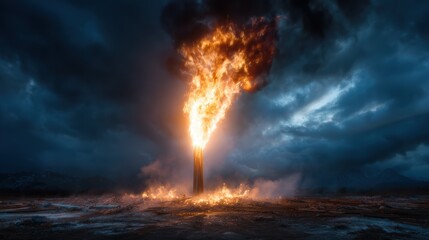 Fototapeta premium An intense display of flames bursts into the sky from a tall column, set against a dark and moody backdrop of stormy clouds, creating a powerful and dramatic visual impact.