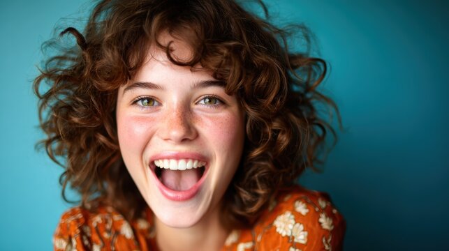 A joyful young girl with curly hair beaming with laughter against a bright blue background, capturing the essence of childhood happiness and carefree spirit with vibrant energy.