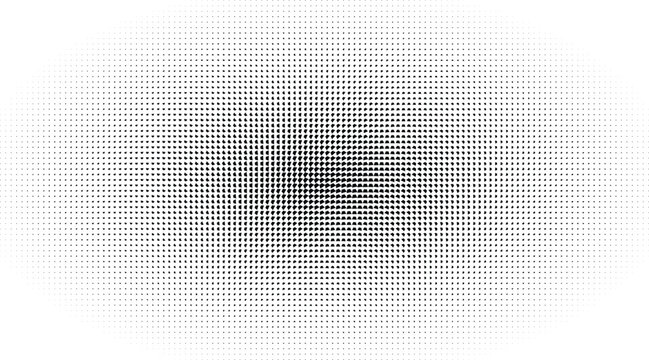 Elliptical halftone pattern with a central concentration of dense black dots fading towards the white edges of the oval shaped composition