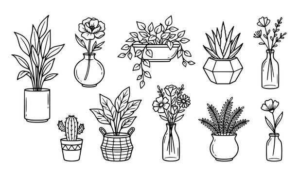 Minimalist botanical plant pot and flower vase outline icon collection