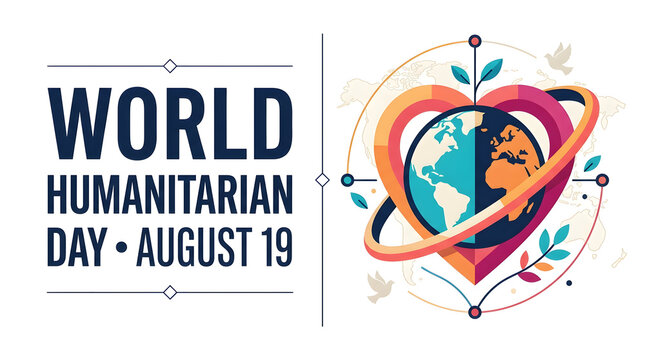 World humanitarian day august 19 concept with globe inside heart shape and plant leaf accents, kindness