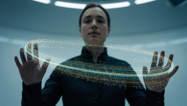 Person using a holographic data ring interface, symbolizing ai driven context engineering, digital analysis, and futuristic human machine interaction.