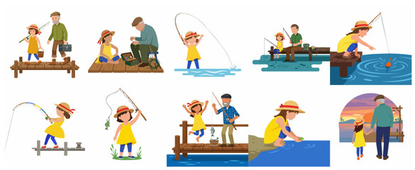 Fototapeta premium Set of flat vector illustrations depicting a little girl and her grandfather fishing together, bonding over outdoor activities on a pier and by the lake.