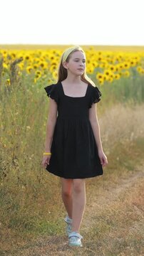 Beautiful young girl in a stylish black dress walking along a rural path beside a blooming sunflower field, enjoying the warm golden light of a perfect summer evening in the countryside