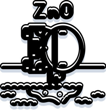 Zinc oxide chemical compound formula zno represented as a stylized black and white graphic illustration, conveying scientific and molecular properties for various applications