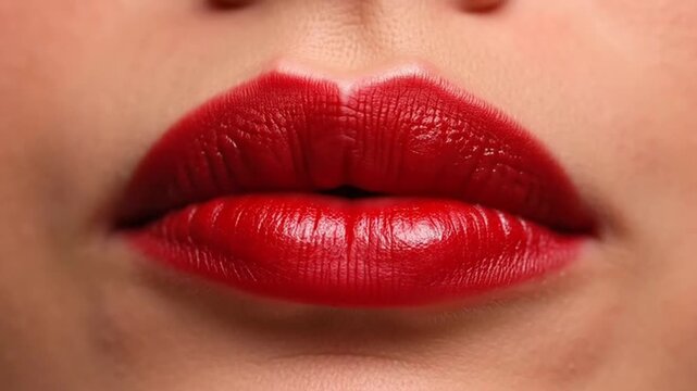 Extreme macro close up of full lips with vibrant red lipstick slightly parted