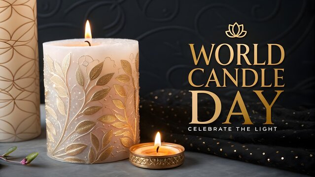 World candle day decorative composition with luxury burning candles and gold leaf accents