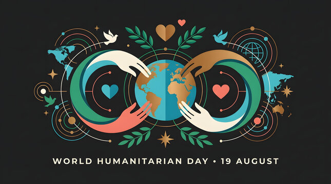 World humanitarian day august 19 with human hands surrounding globe and heart icons illustration