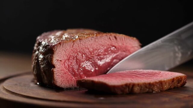 Close up of chef slicing juicy medium-rare grilled beef steak on wooden cutting board