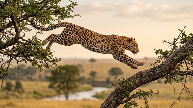 African Leopard Leaping Between Tree Branches in Serengeti Savanna During Golden Hour Sunset