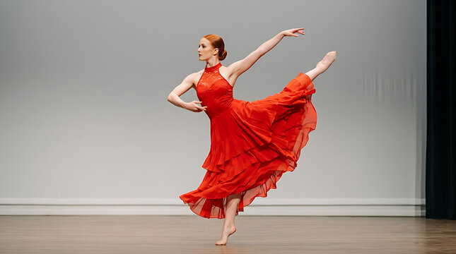 Woman in flowing red dress performing ballet dance on stage dancer 1