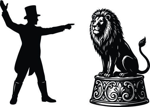 Vintage Circus Ringmaster Taming Lion Silhouette Vector Illustration Isolated On White Background For Retro Entertainment Show Poster Design