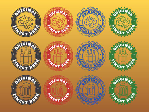 Vector set of round color graphic seals, logos, stickers and emblems. Hops, bottles and full mug of original finest beer, foam. Decal collection. Popular alcoholic drink. Labels, brew and beverage