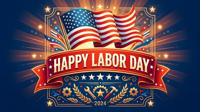 Happy Labor Day 2024 banner with US flags. Patriotic American holiday celebration design.