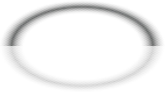 Elliptical oval shape formed by black halftone dots on a white background, abstract geometric frame for simple curve
