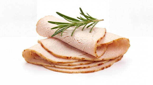 Fresh slices of roasted turkey breast with green rosemary