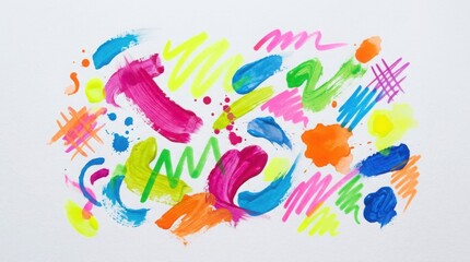 Obraz premium Abstract neon brush strokes on white background. Vibrant colorful marker scribbles and paint.